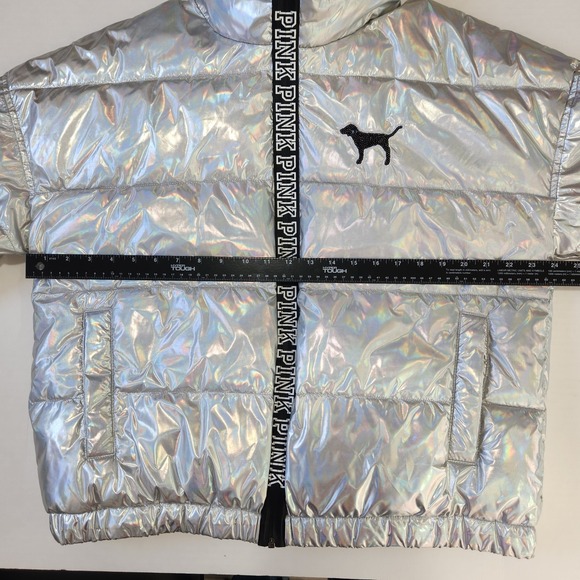 Victorias Secret PINK NWT Puffer Jacket L Metallic Silver 2017 Ltd. Edition Flaw - Picture 8 of 14
